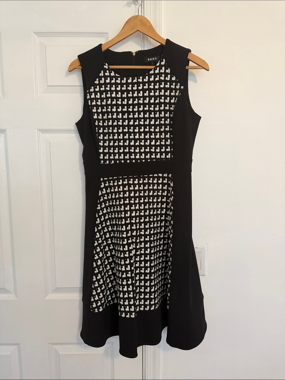 DKNY Black and White Houndstooth Fit-and-Flare Dress